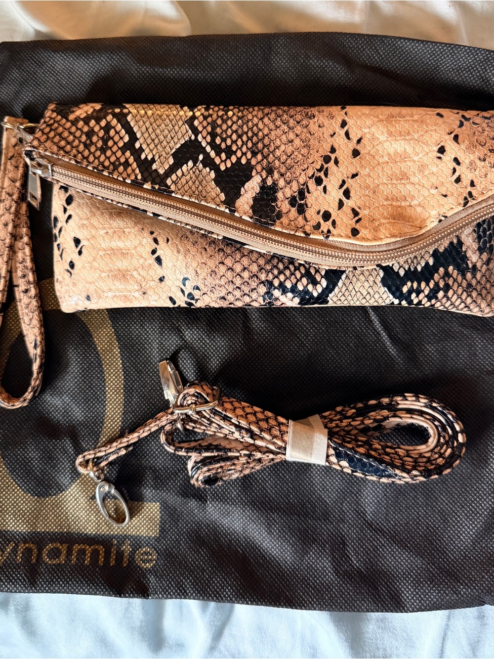Dynamite Snake-Print Convertible Wristlet Clutch - Beige & Black